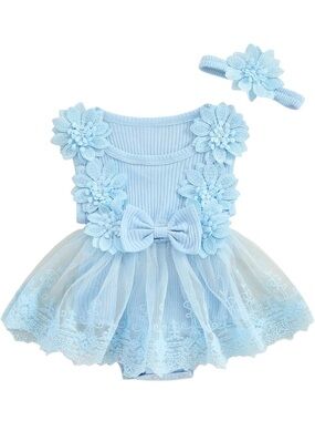 Cotton Baby Blue Floral Lace Girls Dress with Headband